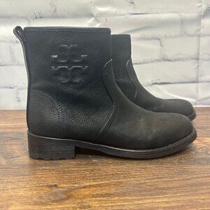 Tory Burch Simone Black Leather Ankle Booties – Lug Sole – Size 7.5